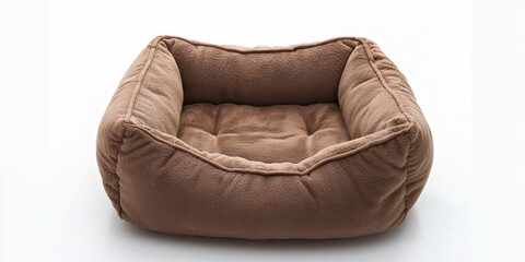 A brown dog bed sits on a white surface. The bed is a square shape with raised edges and a plush, padded interior. It appears to be made of a soft, velvety fabric. 