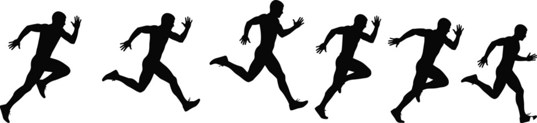 Running silhouette vector set, athletic stride sequence, sprinting motion phases, human movement illustration, sports training graphic, black isolated figures, fitness concept