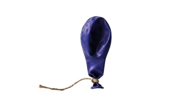 Drooping, solitary indigo latex balloon, wrinkled matte, tied with frayed twine, on transparent background, copy space, soft light, concept of gentle decay and solitude.