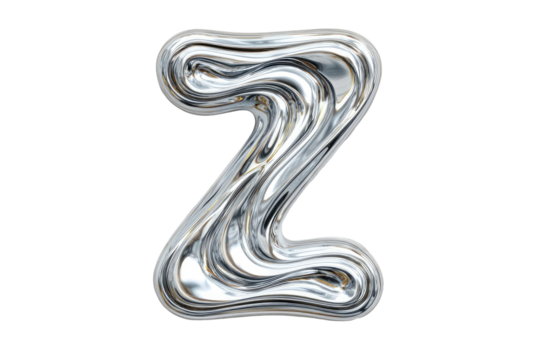 3D rendered, stylized, metallic letter Z.  Liquid-like,  reflective surface