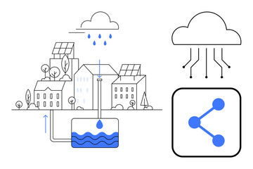 Fototapeta premium Rainwater flows from cloud to storage tank, surrounded by buildings with solar panels. Digital cloud and connectivity icon in blue. Ideal for sustainability concepts, clean energy, green