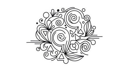 Intricate abstract black and white line art design featuring swirls triangles and organic shapes