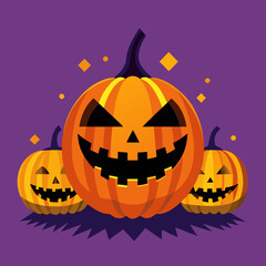 Three halloween pumpkins with different faces on an orange background