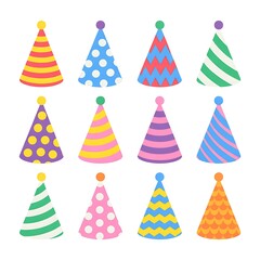 Collection of Colorful Party Hats for Celebrations and Events Featuring Striped Polka Dot and Zigzag Designs on White Background