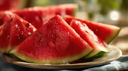 Watermelon platter with dewdrops on red flesh, green leaves background, refreshing summer fruit arrangement