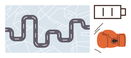 Zigzag road map with a curved path, low battery icon signaling energy depletion, and a boxing glove punch symbolizing resilience. Ideal for energy, challenges, motivation, journey, persistence
