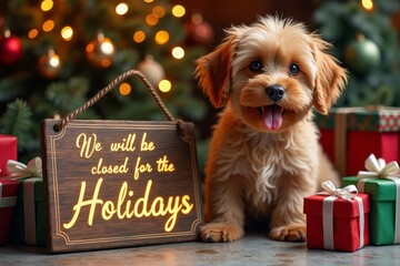 Signboard with the inscription We will be closed for the Holidays on board and Cute dog on festive background. AI generated