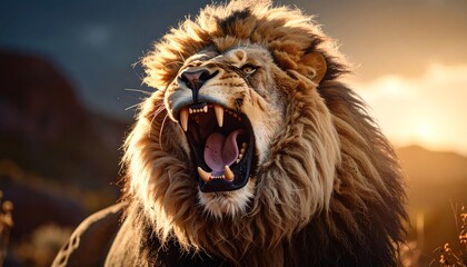 Roaring Lion with Golden Mane Open Mouth in Safari Setting