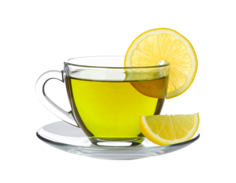 Angled Floating Glass Cup of Green Tea with Lemon Slice, Photorealistic Style