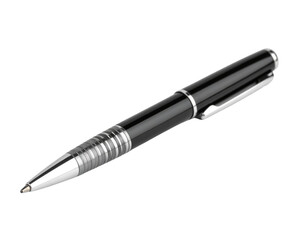 Angled View of Elegant Black and Silver Ballpoint Pen, Isolated on White