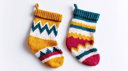 Colorful knitted Christmas stockings on white background