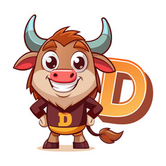 Playful Bull Character with Big Alphabet D, Cute Kids Illustration, Learning ABC, Fun Cartoon Animal Design for Children’s Books