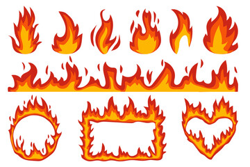 vector cartoon fire elements set, clipart isolated on transparent background. 