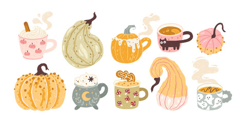 Autumn set with various cozy hot drinks in cute cups and pumpkins. Hand-drawn vector illustrations in cartoon trendy textured pastel style. Isolate on white background. Halloween theme.