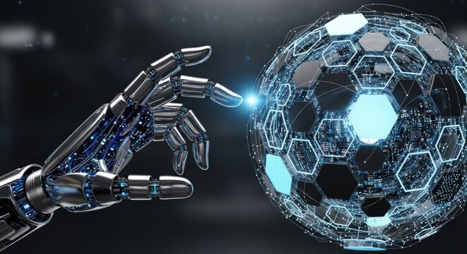 A robotic hand touching a digital globe, representing artificial intelligence, future technology, and global network connections - Powered by Adobe