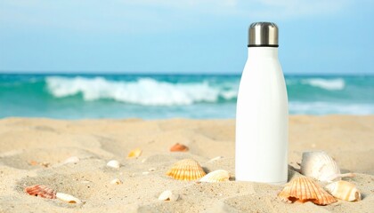 White insulated water bottle rests on sandy beach near ocean waves and seashells.