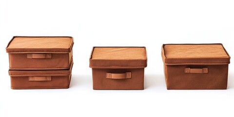 Three brown fabric storage boxes are arranged in a row on a white surface. The boxes are stacked, with the largest box in the center and the smallest on either side. 