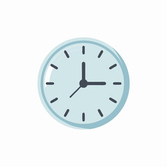 A simple round light blue analog clock with dark hands and hour markers depicted in a flat minimalist illustration style.