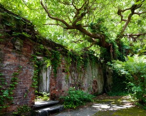 Overgrown Brick Ruin With Lush Plants