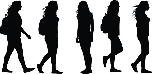 Five female silhouettes with backpacks walking and standing woman girl