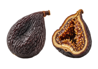 Whole deep dark brown shriveled dried fig, intricate wrinkled skin; torn piece reveals translucent amber flesh, tiny seeds. Isolated on transparent background, soft shadows. Concept of natural