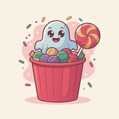 Adorable Cartoon Ghost Peeking Over Bucket of Colorful Halloween Candies.