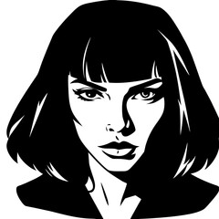 Film noir style portrait of mysterious woman with bob haircut and bangs, dramatic black and white graphic illustration