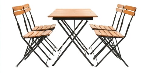 A wooden folding table with two matching folding chairs sits on a white background. The table has a square tabletop and a black metal frame. 