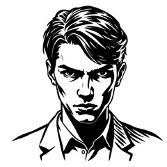 Intense portrait of man in suit and tie, dramatic chiaroscuro style black and white illustration of power and presence