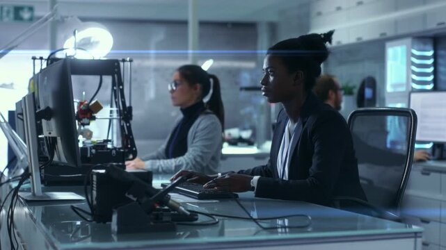 Engineers Work at Computers in Laboratory, Developing, Designing Technology With 3d Printer, Electronic Equipment. Scientific Team Focus on Software, Robotics, Engineering Tasks in Research Facility.