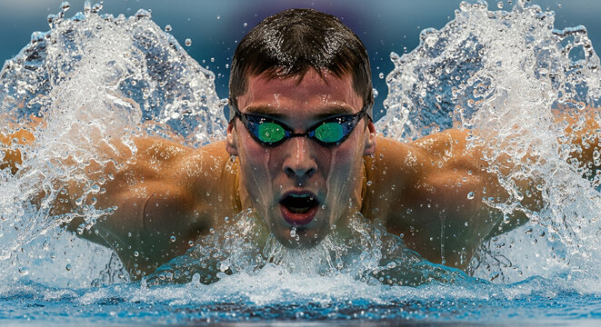 Competitive swimmer focusing intensely while racing in a pool with splashes of water
