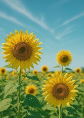 Obraz premium Vibrant sunflowers under clear sky.