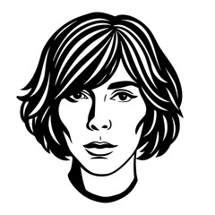 Black and white portrait of person with layered bob haircut, dramatic shadows and intense thoughtful gaze