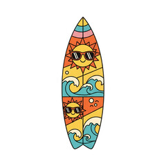 Colorful Surfboard with Sun and Wave Design Featuring Sunglasses Suns Illustration