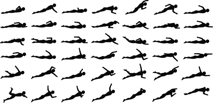 Grid of black silhouettes of swimmers in various strokes and poses swimming water