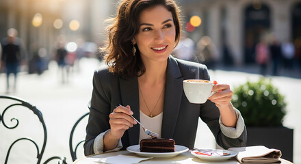 Elegant woman enjoying coffee and chocolate cake at an outdoor cafe on a sunny day
