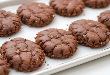 A professional close-up shot of crispy chocolate wafer cookies, neatly arranged on a white baking tray.