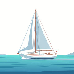 Elegant Sailboat Illustration with Light Blue Sails Brown Mast and Red Flag.