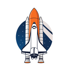 Obraz premium Orange white spacecraft with dark blue starry background shuttle launch