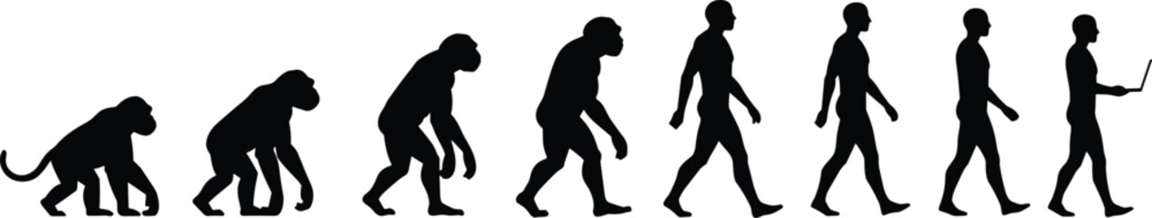 Silhouette progression from ape to man holding a laptop computer evolution human evolution