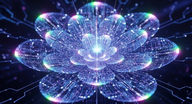 Digital lotus flower with glowing circuits, representing advanced technology, artificial intelligence, and data communication in a futuristic abstract design - Powered by Adobe
