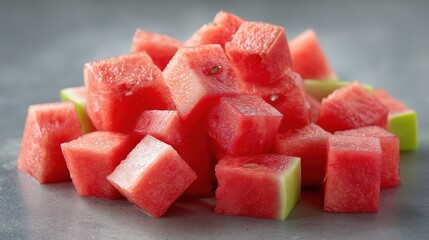 Glistening watermelon cubes pile with seeds on bluegray background, chilled fruit texture closeup, summer hydration