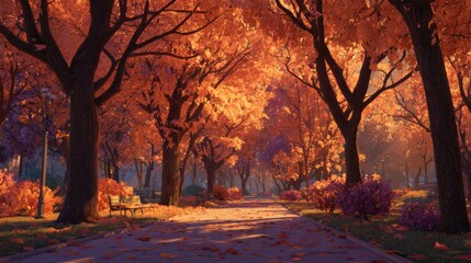 Autumn park scene with vibrant orange and purple foliage, sunlit pathway, and benches, creating a serene atmosphere for relaxation and nature appreciation