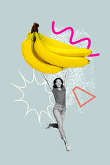 Obraz premium Template sketch image composite artwork collage of young woman happy smile run hand hold huge banana dieting food nutrition meal calories