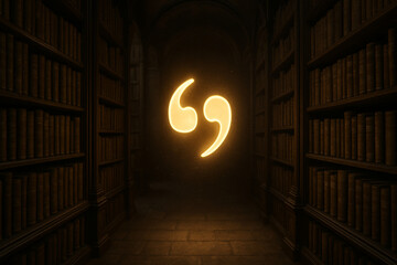 Bright golden quotation marks floating in the center of a shadowy, vintage-style library. A symbolic concept of literature, dialogue, and storytelling illuminated by knowledge and imagination.