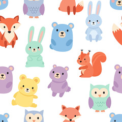 Playful Forest Friends features a colorful pattern of cartoon woodland creatures including foxes, bears, rabbits, owls, and squirrels on a white background, perfect for a cheerful design.