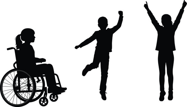 Silhouettes of children one in a wheelchair and two jumping with arms raised vector illustration