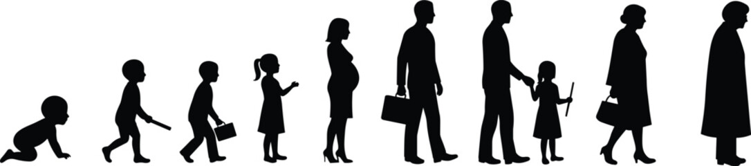 Silhouettes of human life stages from baby to elderly person vector illustration