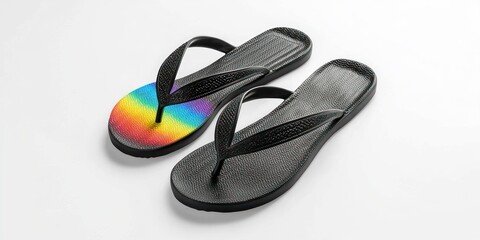 A pair of black flip-flops rests on a white surface. The flip-flops feature a vibrant rainbow design on the soles, transitioning from red to violet. 