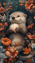 watercolor illustration of an otter holding a seashell.wallpaper for mobile phone.